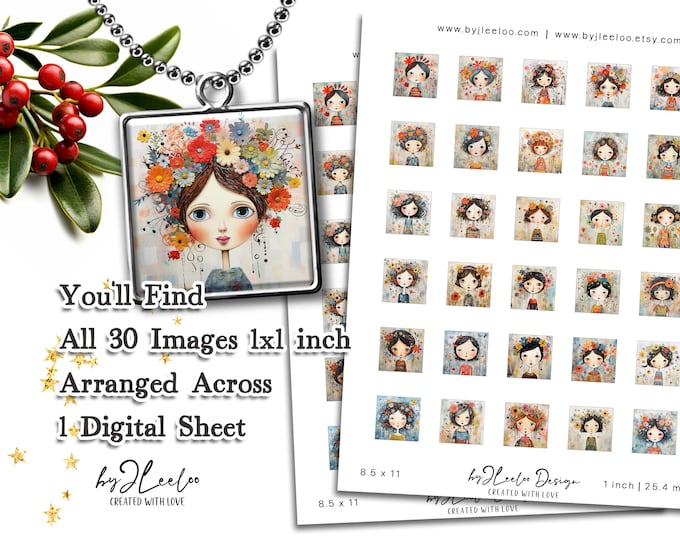 SPRING FOLK 1x1 inch print naive illustrations | digital supplies square pendant bezel trays glass cabochon mountings cameo settings | qu556