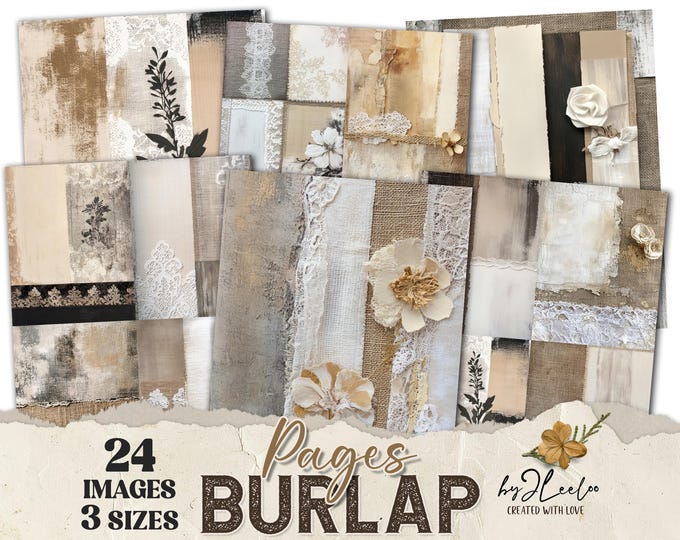BURLAP PAGES 24 neutral background 3 Sizes | Junk Journal Pages | Backdrop Rustic papers | scrapbook Lace digital | Commercial Use | pp883