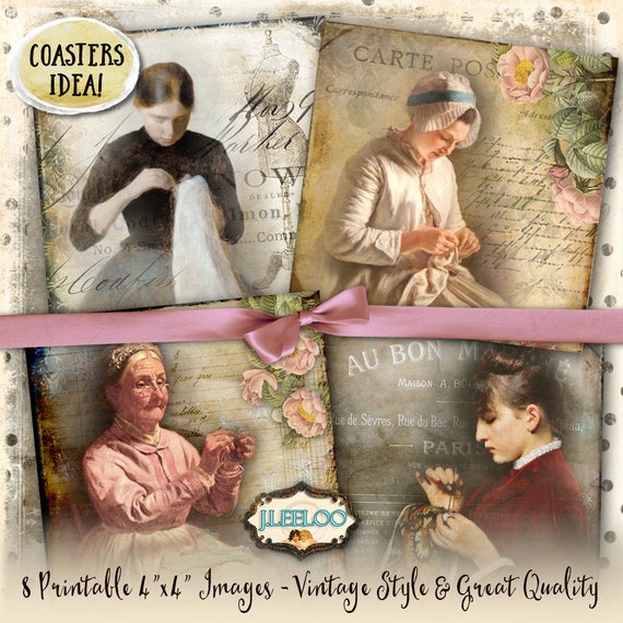 SEWING PAINTING 4x4 inch square coaster images painting for transfer magnet scrapbook instant download digital collage printable qu495
