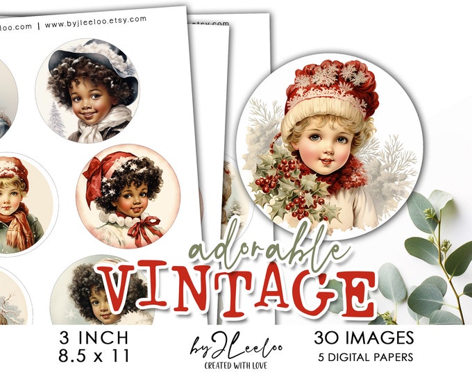 ADORABLE VINTAGE 3 inch printable christmas holidays | supplies round pendants, bezel tray, glass cabochon mounting, cameo settings | tn696