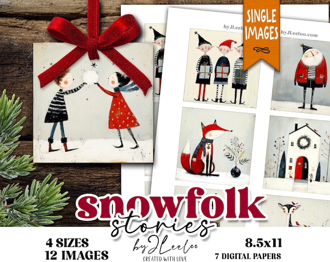 SNOWFOLK STORIES whimsical winter illustrations for junk journal scrapbooking | Folk Christmas crafts printable art DIY | qu636