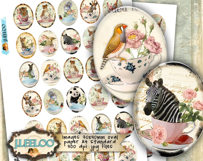 Digital collage TEACUP oval for pendant jewelry with wild animal cabochon charms instant download printable ov136