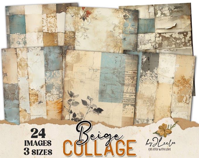 BEIGE COLLAGE 24 neutral background 3 Sizes | Junk Journal Pages | Backdrop Distressed papers | scrapbook digital | Commercial Use | pp921