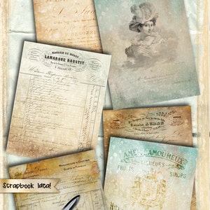 May include: Ten digital paper designs in French vintage style. The papers feature a variety of textures and patterns, including a faded blue background with a woman in a hat, a vintage receipt, and a label for a French liquor company. The papers are 8.5 inches by 11 inches.