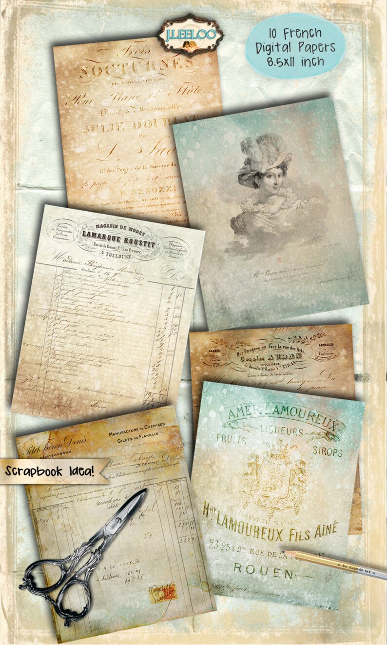 May include: Ten digital paper designs in French vintage style. The papers feature a variety of textures and patterns, including a faded blue background with a woman in a hat, a vintage receipt, and a label for a French liquor company. The papers are 8.5 inches by 11 inches.