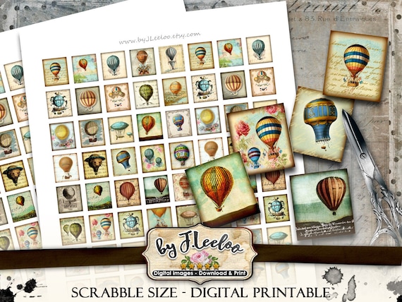 FLY In The SKY printable .83x.75 inch montgolfier hot air balloon france victorian - Digital collage sheet download background paper - sc160