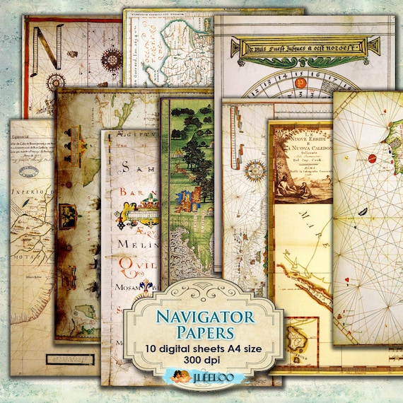 NAVIGATOR PAPERS 10 large digital collage sheets vintage cards maps for scrapbook art instant download printable world paper goods pp143