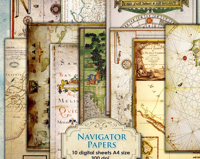 NAVIGATOR PAPERS 10 large digital collage sheets vintage cards maps for scrapbook art instant download printable world paper goods pp143