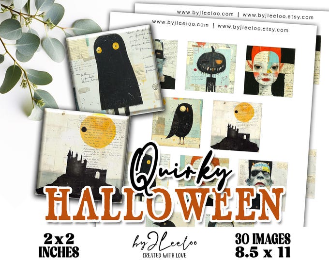 QUIRKY HALLOWEEN 2x2 inch printable | digital supplies square pendants, bezel trays, glass cabochon mountings, cameo settings CU | qu615