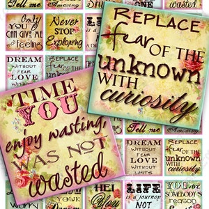 May include: A set of 16 digital printable quote cards with a vintage aesthetic. The cards feature floral designs and inspirational quotes such as "Replace fear of the unknown with curiosity" and "Time you enjoy wasting was not wasted".