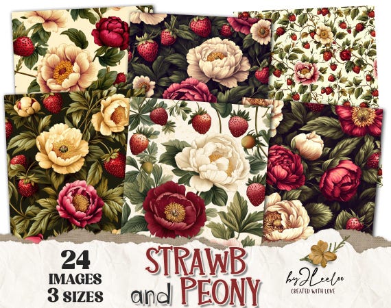 STRAWB and PEONY 24 background 3 Sizes | Junk Journal Collage Pages | Backdrop floral romantic | scrapbook digital | Commercial Use | pp933