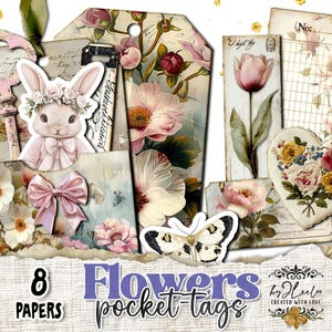 ÉTIQUETTES DE POCHE FLEURS avec arrière-plans – fleurs éphémères vintage pour journaux indésirables et scrapbooking | Etiquettes de poche imprimables | tl323
