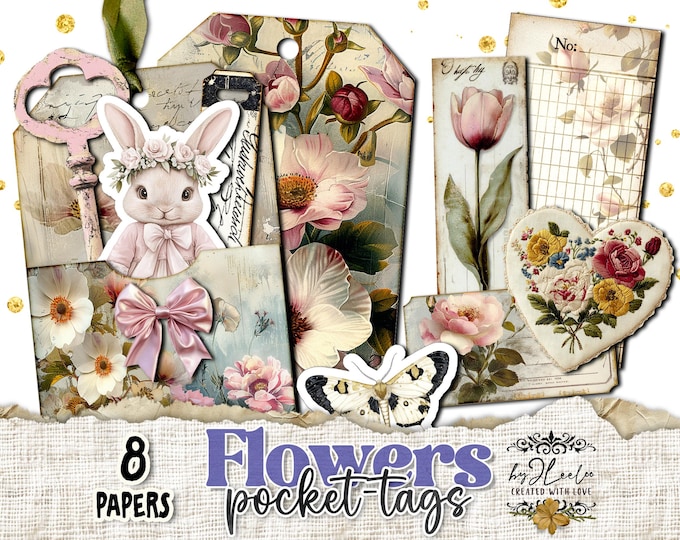 FLOWERS POCKET TAGS Kit with Backgrounds – Vintage Floral Ephemera for Junk Journals and Scrapbooking | Printable Pocket Labels | tl323