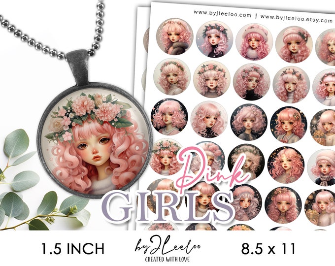 PINK GIRLS 1.5 inch printable cute illustration | supplies round pendants, bezel trays, glass cabochon mountings, cameo settings | tn687