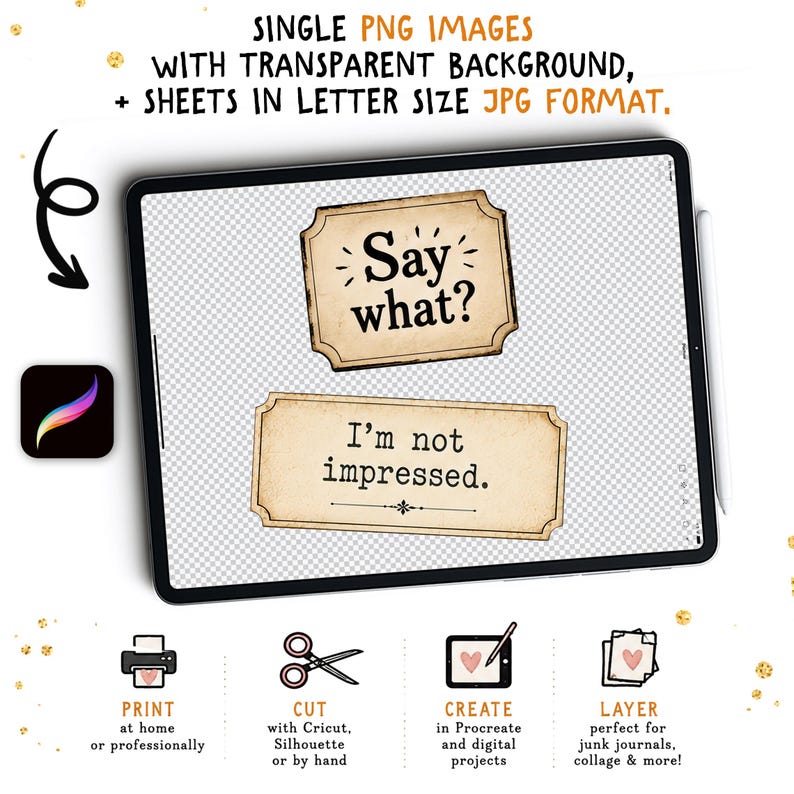 May include: A digital tablet screen displays two rectangular vintage-style labels with beige backgrounds and black text. The top label reads Say what? and the bottom label reads I'm not impressed. The screen shows a transparent checkerboard background.