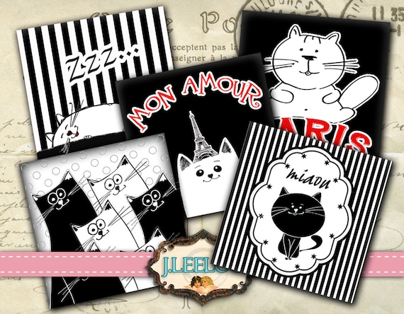 Digital collage sheet CATS IN PARIS 1.5 inch square hang tags hand drawn images pendant magnet instant download printable image qu366