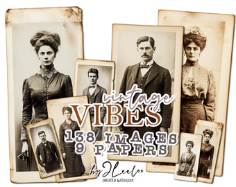 Puede incluir: Un collage de fotografías vintage con personas en atuendos formales. Las fotos están dispuestas en una cuadrícula y tienen un aspecto descolorido y antiguo. El texto "vintage VIBES 138 IMAGES 9 PAPERS by 2Leelo. CREATED WITH LOVE" está superpuesto al collage.