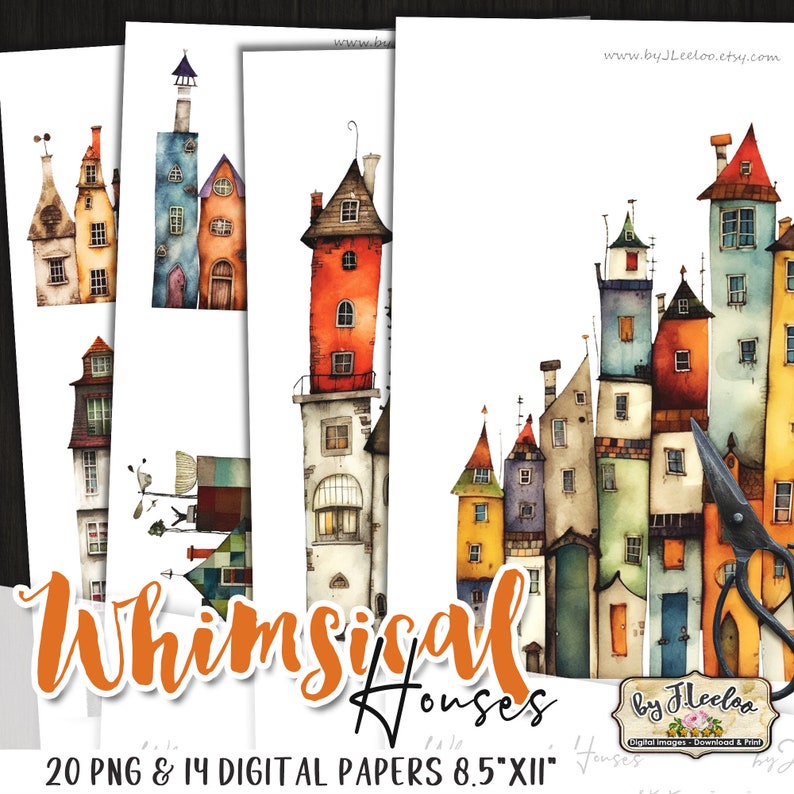 WHIMSICAL HOUSES PNG Clipart Papier Bastelbedarf junk journal elements vintage skurrile Mixed Media Printable kommerzielle Nutzung cl147 Bild 6