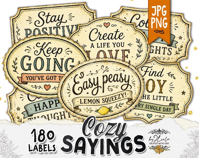 COZY SAYINGS Vintage Labels Printable | Junk Journal Ephemera Scrapbook | Quotes Retro Signs Digital Download | tl378