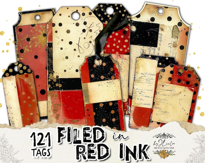 FILED in RED INK – 121 Vintage Tags for Junk Journals & Collage | Scrapbooks Crafts Grunge Ephemera Labels with Aged Ink Texture | tl357