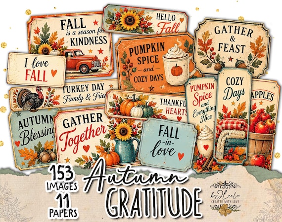 Fall Printable Ephemera, Autumn Journaling Cards, Vintage Labels, Thanksgiving Junk Journal, Scrapbooking Paper Crafts | tl391