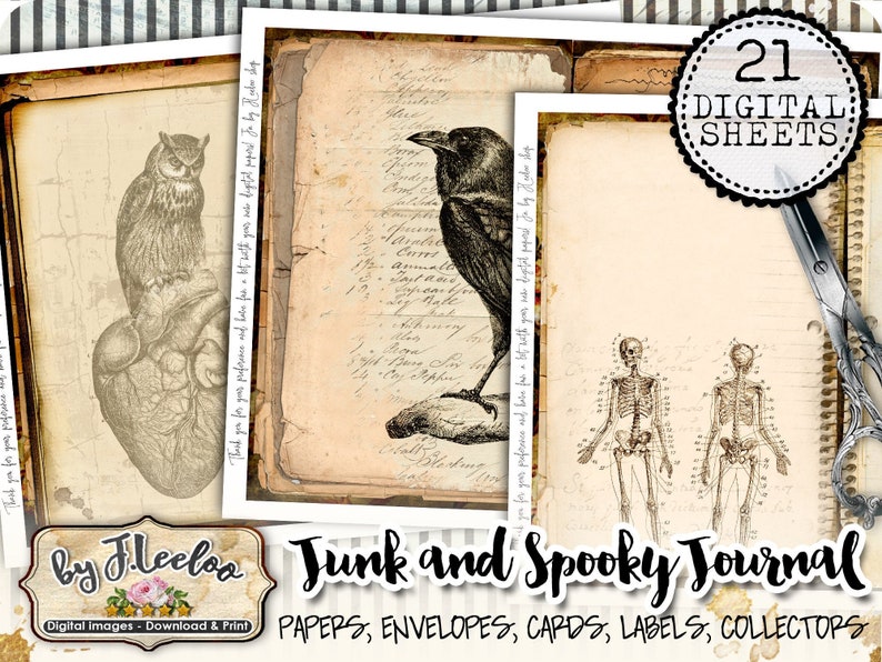 May include: Twenty-one digital paper sheets with a spooky theme. The papers feature vintage illustrations of an owl, a crow, a human heart, and a skeleton. The papers are perfect for scrapbooking, card making, and other paper crafts.