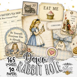 Può includere: Una collezione di articoli di cancelleria in stile vintage con illustrazioni di Alice nel Paese delle Meraviglie, tra cui un modulo d'ordine Mad Hatter's Tea Shop, etichette con testi come Eat Me, un francobollo con gatto, un fiocco blu e texture.