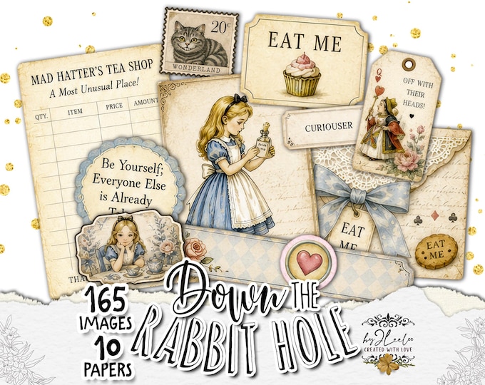 DOWN the RABBIT HOLE Alice Ephemera Tags Pockets Envelopes Journal Kit | tl379
