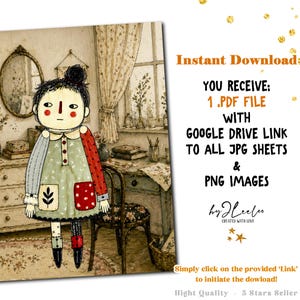 Puede incluir: Ilustraci&oacute;n caprichosa de una figura de mu&ntilde;eca en una habitaci&oacute;n de estilo vintage. La figura lleva un vestido de retazos con una combinaci&oacute;n de colores verde, rojo y azul. La imagen incluye texto: "Descarga instant&aacute;nea" y detalles sobre los archivos digitales.