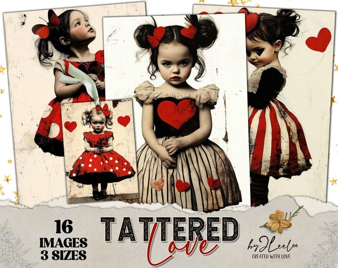 TATTERED LOVE 3 sizes | vintage Valentine card junk journal printable illustration | scrapbook children digital postcard tag label | pp910