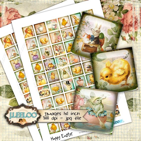 Digital collage HAPPY EASTER 1x1 inch square for resin pendant eggs rabbit chick clipart magnet instant download printable qu413