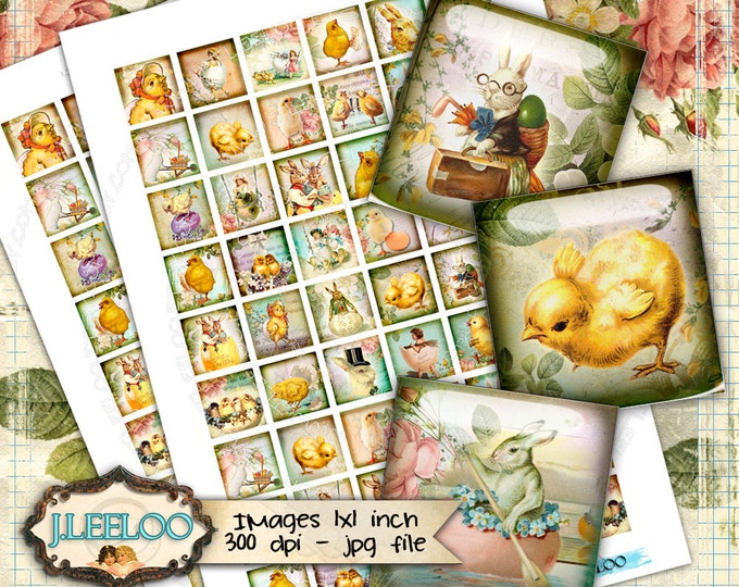 Digital collage HAPPY EASTER 1x1 inch square for resin pendant eggs rabbit chick clipart magnet instant download printable qu413