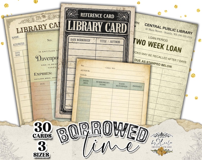 BORROWED TIME Vintage Library Cards | Junk Journal Ephemera Printable | Library Record Cards Ledger Style | ppK57