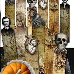 May include: Set of printable gothic bookmarks featuring images of a skull, a heart, a raven, a bat, and a moth. The bookmarks are in a vintage style with a distressed background and handwritten text. The text includes the words "Mouticur utrepris" and "Bedil Hya".