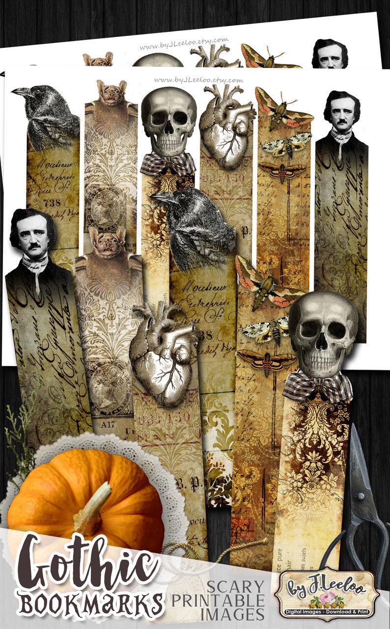May include: Set of printable gothic bookmarks featuring images of a skull, a heart, a raven, a bat, and a moth. The bookmarks are in a vintage style with a distressed background and handwritten text. The text includes the words "Mouticur utrepris" and "Bedil Hya".