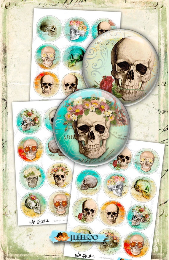 Digital collage sheets THE SKULL 2.5 inch circle hang tags magnet stickers mirrors pendant day of dead print instant download tn447