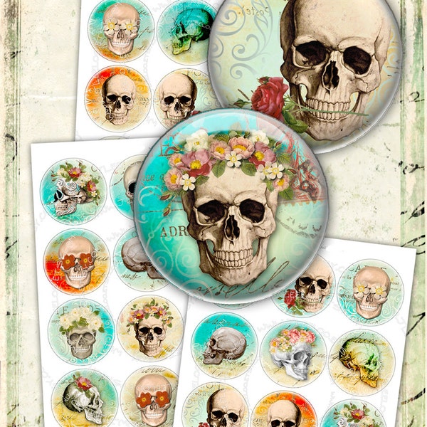 Digital collage sheets THE SKULL 2.5 inch circle hang tags magnet stickers mirrors pendant day of dead print instant download tn447