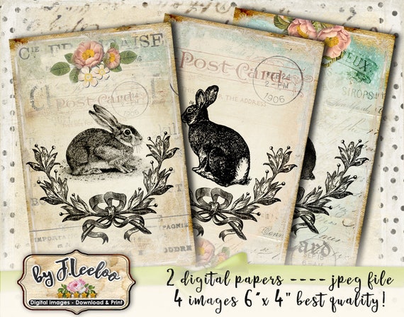RABBIT printable Easter tattered cards vintage for scrapbook Instant Download digital collage sheet pp444