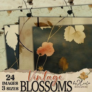 VINTAGE BLOSSOMS 24 papéis 3 tamanhos | Cenário de flores prensadas | Fundo de jardim botânico Junk Journal | Papel de scrapbooking em tom neutro CU | pp862