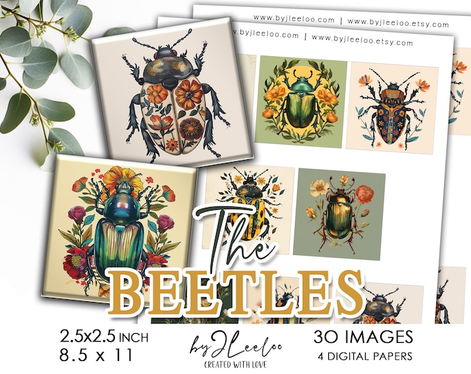 THE BEETLES 2.5x2.5 inch printable | supplies square pendant cameo charm sticker keychain | digital journal decoration insect | DiY | qu607