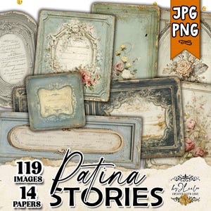 Peut inclure: Ensemble d'images et de papiers numériques de style vintage. Les images présentent des cadres ornés, des motifs floraux et des textures vieillies dans des tons de bleu, crème et gris. Le texte "Patina Stories" est affiché.