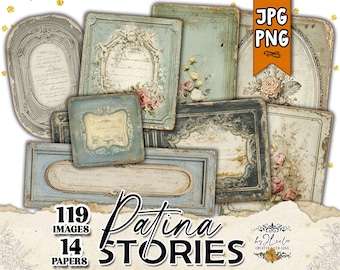 PATINA STORIES Vintage Frames Cards Tags Labels | Printable Shabby Ephemera Png & Jpg sheets for Junk Journal Scrapbooking Collage | pp995