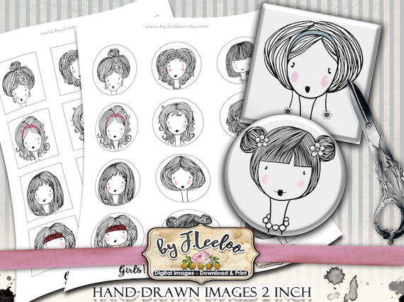 GIRLS hand-drawn 2 inch square round for pendants magnets bezel trays printable coaster graphic digital collage sheet tn564