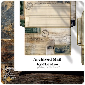 May include: A collage of vintage mail elements, including lined paper, stamps, and aged documents. The text "Archived Mail by JLeeLoo created with love" is displayed in a decorative font, suggesting a theme of nostalgia and handcrafted design.