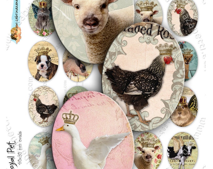 Digital collage OVAL ROYAL PET printable 30x40 mm pet puppy crown dog cat for pendants digital instant download paper collages  ov104
