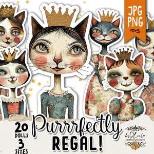 Puede incluir: Una colección de ilustraciones caprichosas de gatos, cada uno adornado con una corona dorada. Los gatos tienen rasgos faciales únicos y visten ropa de estilo vintage. El texto "Purrrfectly Regal!" se muestra debajo de las ilustraciones.