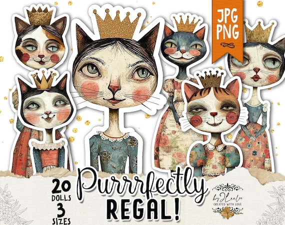 PURRRFECTLY REGAL - Printable PNG Paper Dolls for Junk Journal, Vintage Ephemera Clipart, Digital Scrapbooking, Fussy Cut for Cricut | pp960