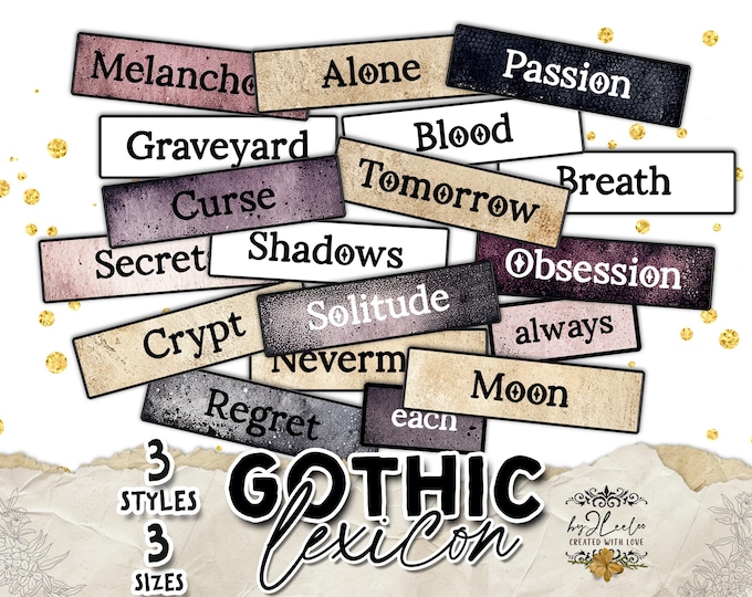 GOTHIC LEXICON text word Labels – Gothic Words & Connectors | 3 Styles 3 Sizes | Junk Journal Gothic Ephemera Scrapbook Diary | tl354