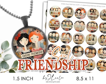 SOUL FRIENDSHIP 1.5 inch printable illustration | supplies round pendant charm pin gift for friend girlfriend, magnet, altered art | tn747