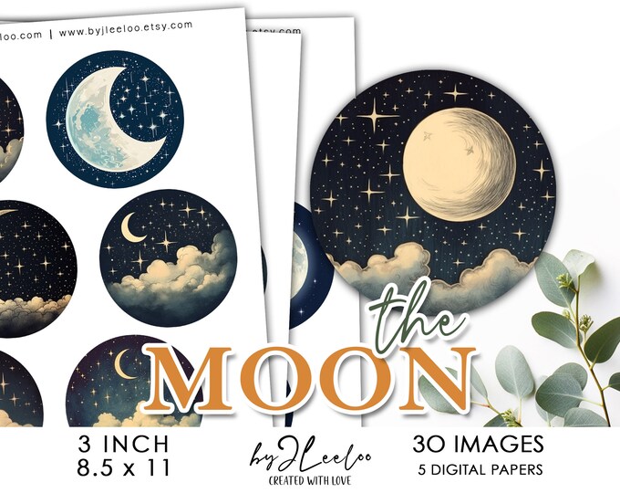 THE MOON 3 inch printable celestial | Mystical supplies round pins, mirror, glass cabochon, stickers, junk journal decoration DIY | tn738